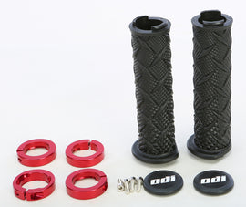 ODI ATV X Treme Lockon grips in black and red with textured surface for improved grip and control on off-road vehicles.