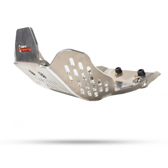 ENDURO ENGINEERING skid plate for motorcycle body protection, shown in black with mounting points and durable construction.