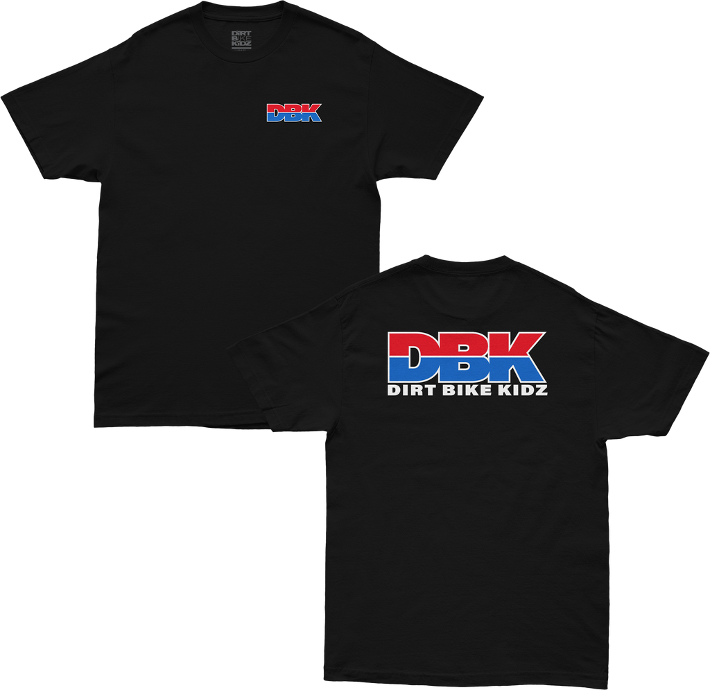 Black Ride DBK Tee shirt with graphic design, casual fit, and brand logo, displayed on a hanger.