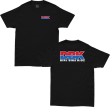 Load image into Gallery viewer, Black DBK Ride DBK Tee shirt with graphic design, casual fit, and short sleeves, displayed on a hanger.