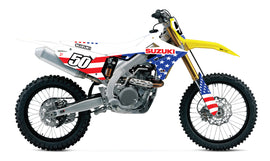 D-COR Suzuki RMZ250/450 graphics and decal kit with white background, featuring bold design elements for motocross bikes.