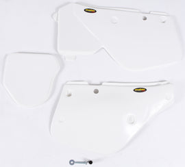 White MAIER body side panels for motorcycle, showing the sleek design and fit of the durable plastic panels.