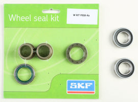 SKF front wheel seal kit with drive bearings, featuring a durable rubber seal and metal components for vehicle wheel protection.