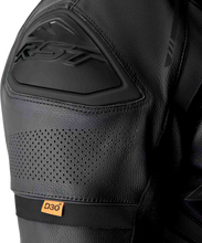 Load image into Gallery viewer, Black leather RST S1 D3o motorcycle suit, men's size medium, with protective armor and sleek fit.