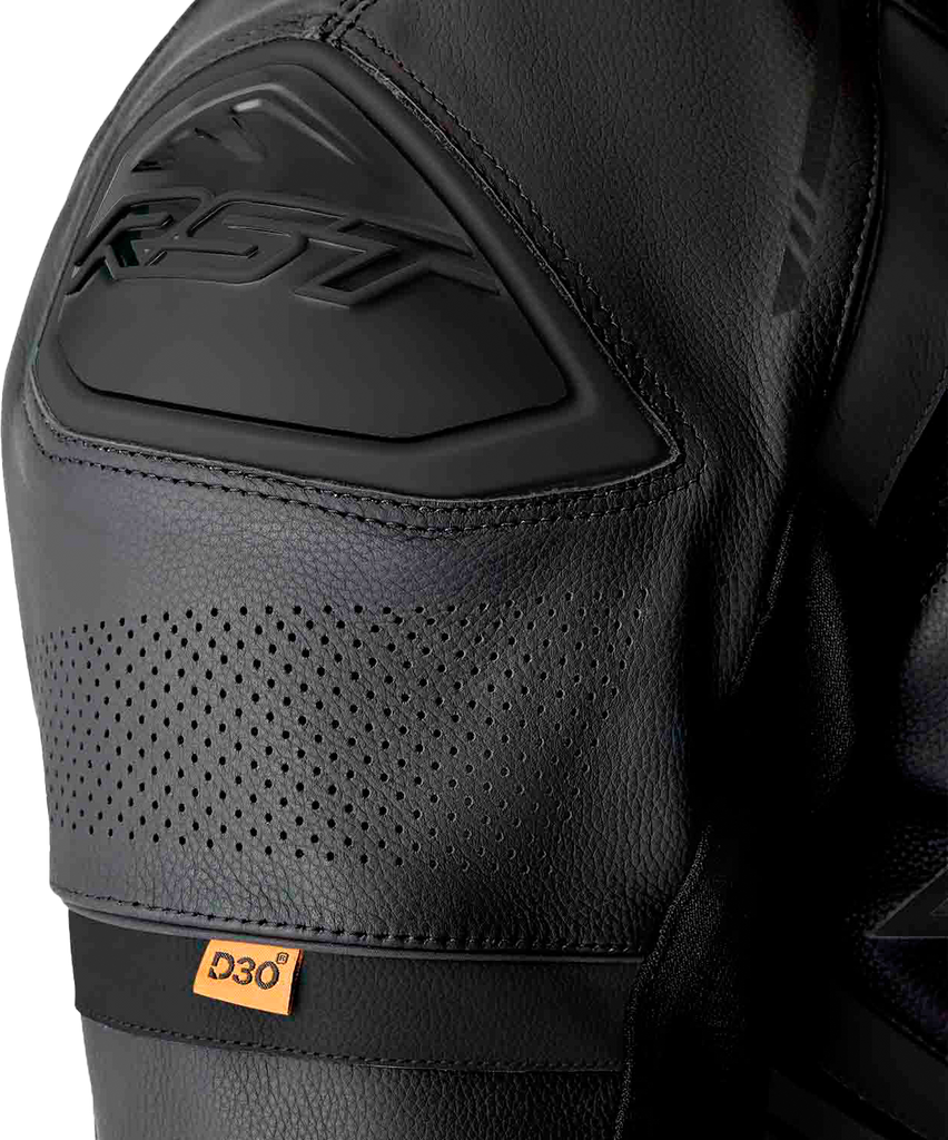 Black leather RST S1 D3o motorcycle suit with reinforced armor, featuring sleek design and protective padding.