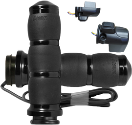 AVON Velvet Air heated black twist grip for motorcycle handlebar, featuring textured velvet air grip surface.