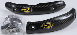 P3 brand heat shield made of carbon fiber for exhaust systems, featuring a sleek, textured black finish and mounting brackets.