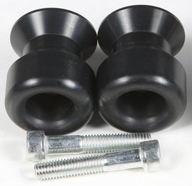 Black swingarm sliders for motorcycle by SHOGUN, mounted on the body of the bike, designed for protection and style.