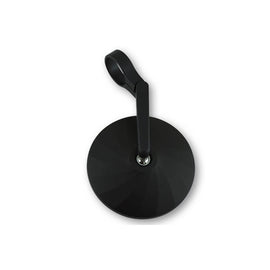 Black Ponza Bar End Mirror by SHIN YO, showcasing sleek design and reflective surface for motorcycle handlebars.