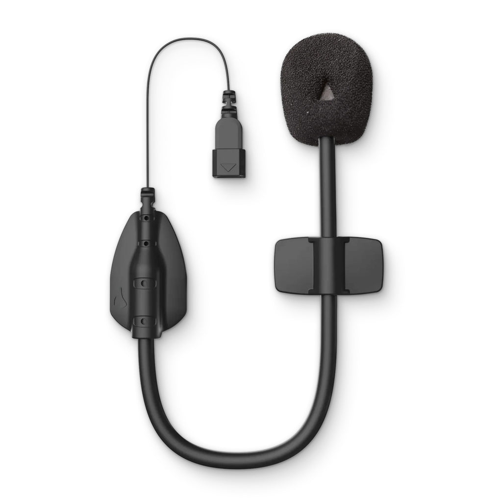 CARDO waterproof microphone for helmet accessories, showing a close-up of the microphone with waterproof casing and mounting clip.
