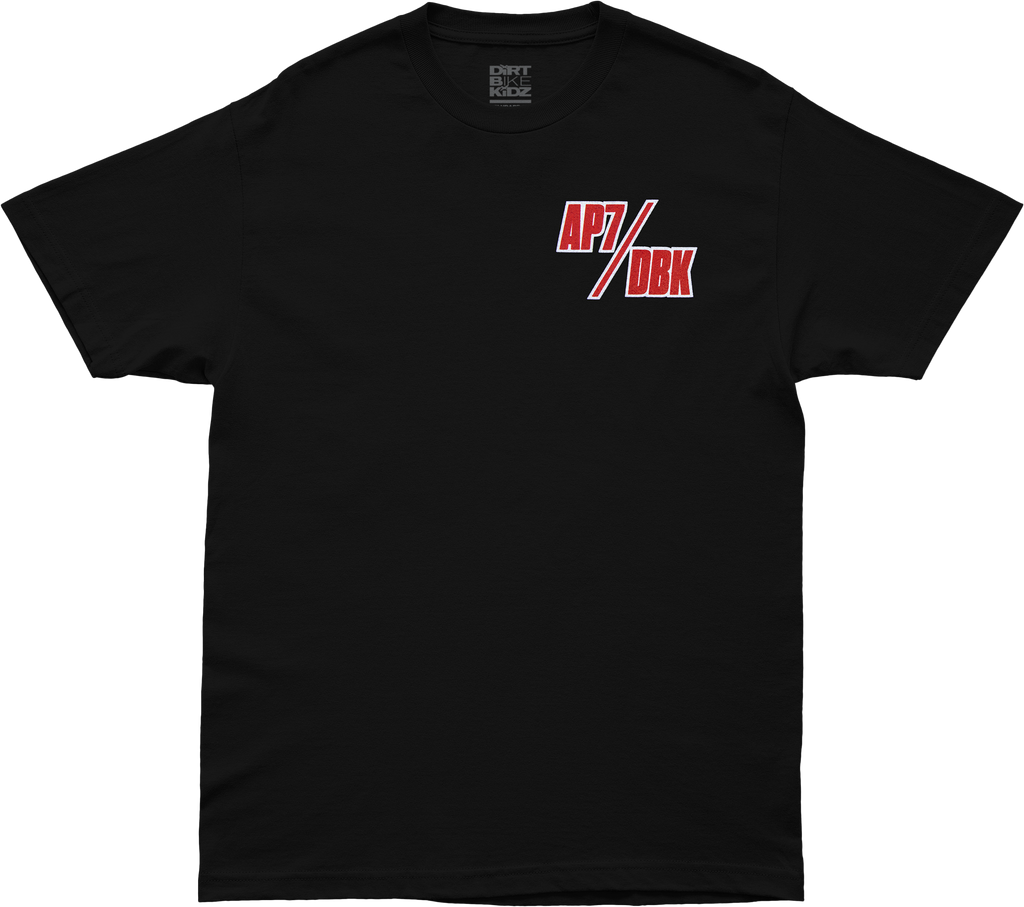 Black DBK Ap7 Holeshot Tee shirt in large size displayed with front view and crew neckline.