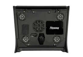HOPPE stereo top 4 speakers with subwoofer, black audio system for immersive sound, connected to a home entertainment setup.
