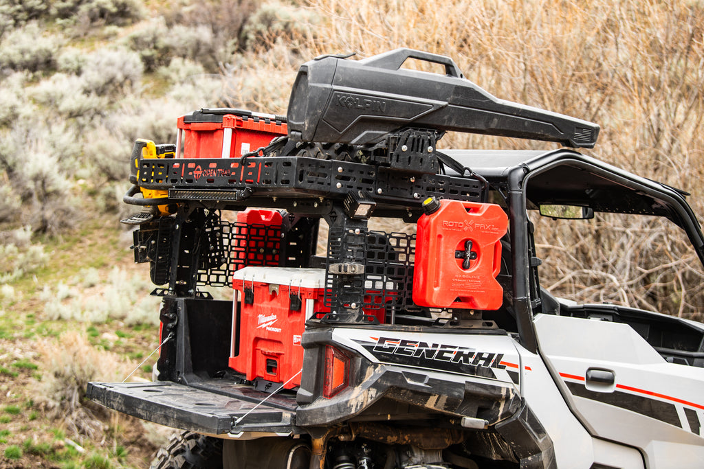 OPEN TRAIL Universal UTV Bed Rack shown mounted on a UTV bed for secure cargo carrying and versatile outdoor utility.