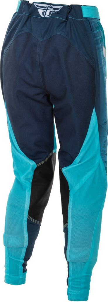 Fly Racing women's Lite Pants in aqua, navy, and white, size 0/02, featuring lightweight, breathable motocross-style riding pants.