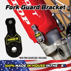 Tamer black single fork guard bracket for suspension, shown in the image with mounting details and product label.