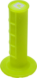 ODI Ruffian Half Waffle Flo Yellow grips for bikes, featuring textured yellow rubber with ergonomic design and branding details.