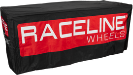 RACELINE 6 ft table cover draped over a table, promotional event setup with a smooth, fitted fabric surface.