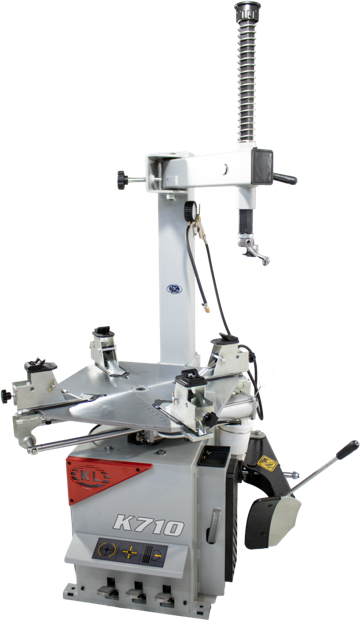 Gray K710 Tire Changer tool by K&L, featuring a sturdy metal frame and ergonomic handle for easy tire removal and installation.