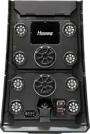 HOPPE stereo top 8 speakers with two subwoofers, showcasing sleek black design and speaker grills for high-quality audio.