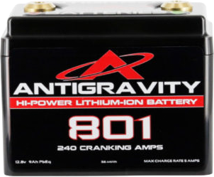 ANTIGRAVITY Lithium Battery AG 801 240 CA, compact rechargeable battery with black casing and terminal connectors.