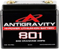 ANTIGRAVITY Lithium Battery AG 801 240 CA, compact rechargeable battery with black casing and terminal connectors.