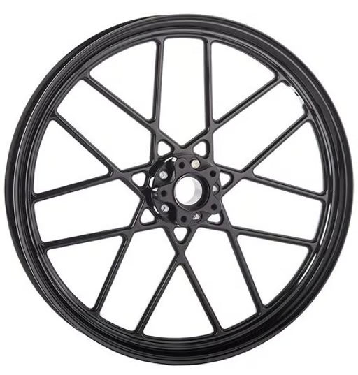 Lyndall Racing wheels for Harley Davidson Baggers 2009-2025, close-up of black alloy motorcycle wheel with spokes.