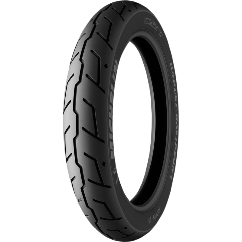 Michelin Scorcher 31 reinforced front motorcycle tire, 80/90-21 54H TL/TT, showing tread pattern and sidewall details.