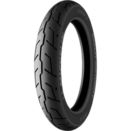 Michelin Scorcher 31 reinforced front motorcycle tire, 80/90-21 54H TL/TT, showing tread pattern and sidewall details.