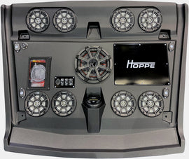 HOPPE stereo top 8 speakers with subwoofer for high-quality audio, showcasing black speakers with control knobs and wiring.