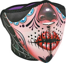 Load image into Gallery viewer, Neoprene Half Mask Sugar Skull/Purple Reversible