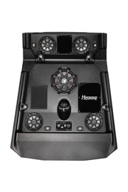 HOPPE stereo top 4 speaker system with subwoofer for Polaris RZR 900 and 1000 XP off-road vehicles, mounted on a vehicle roll cage.