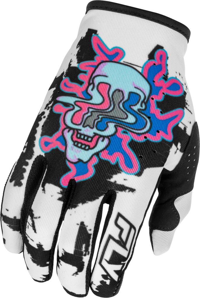 Fly Racing Lite Warp gloves in white, blue, and pink with a snug fit, designed for motocross and off-road riding.