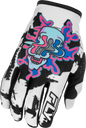 Fly Racing Lite Warp gloves in white, blue, and pink with a snug fit, designed for motocross and off-road riding.