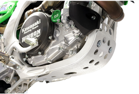 WORKS Skid Plate Kaw guards/braces for motorcycle protection, made of durable material, with a black finish and mounting hardware visible.