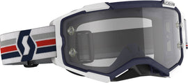 SCOTT Fury Goggle in blue and white with clear lens, designed for sports eyewear and outdoor activities.