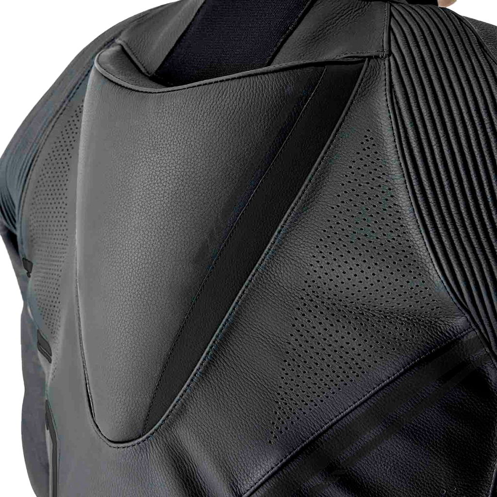 Black leather RST S1 D3o suit for motorcycling, featuring protective armor and sleek design, ideal for rider safety and style.