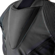Load image into Gallery viewer, Black leather RST S1 D3o suit for motorcycling, featuring protective armor and sleek design, shown from the front angle.