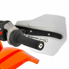 Load image into Gallery viewer, White ZETA Xc Pro Convert handguards mounted on a motorcycle handlebar, showcasing their sturdy design and protective features.