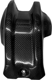P3 Brand Carbon Fiber Skid Plate guard for motorcycle, showing sleek black lightweight protective brace on rugged terrain