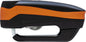 Abus 7000 Rs1 3D Alarm Disc Lock in bright orange, with keyhole and alarm features visible on the lock.