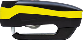 Yellow ABUS 7000 Rs1 3D Alarm Disc Lock with key, featuring a sturdy metal body and integrated alarm system for bike security.