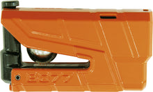 Load image into Gallery viewer, Abus Granit 8077 3D Alarm Disc Lock in bright orange with key and shackle, designed for securing bicycles and motorcycles.