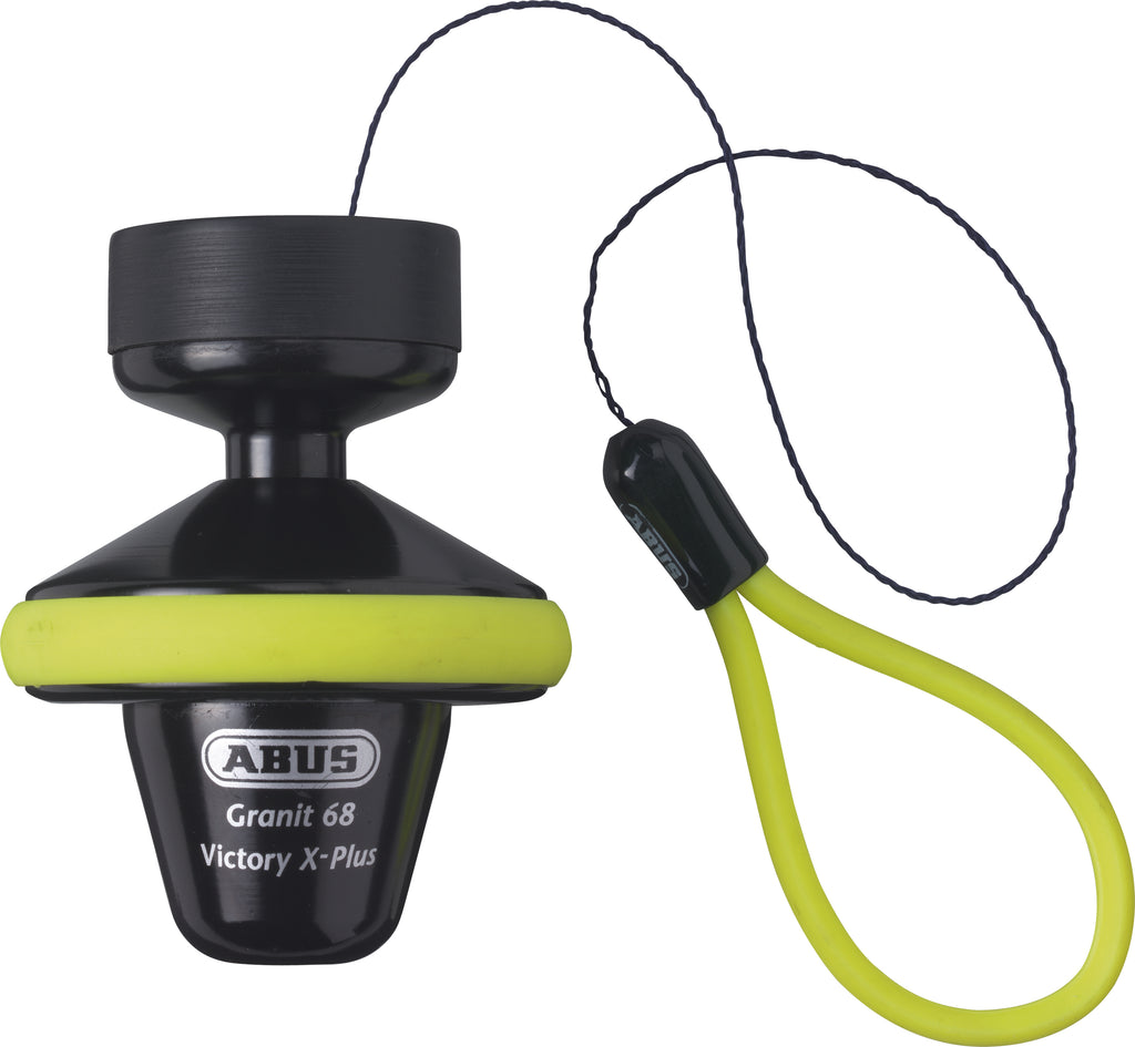 Yellow ABUS Granit Victory 68 disc lock with roll-up design, showing the lock's body and shackle in a close-up shot.