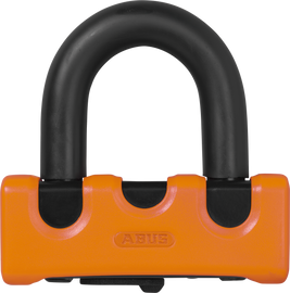 Orange ABUS Granit Xs67 disc lock with key, sturdy security lock for bicycles and motorcycles.