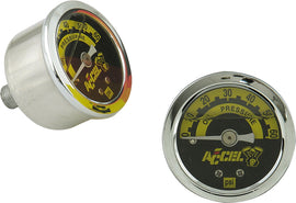 ACCEL polished oil pressure gauge with black dial and chrome bezel, designed for automotive engine monitoring.