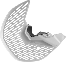 Polisport white disc and fork bottom protector guard for Gas, Husqvarna, and KTM motorcycles, made of durable plastic material.