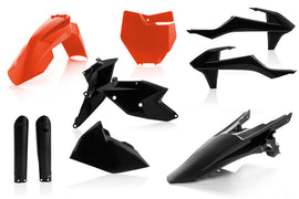 Acerbis full plastic kit in orange and black for motorcycle body panels, designed for durability and a vibrant look.