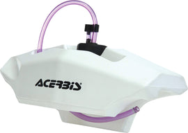 Acerbis auxiliary handlebar fuel tank in black, 0.6 gallon capacity, designed for motorcycles, shown mounted on handlebars.