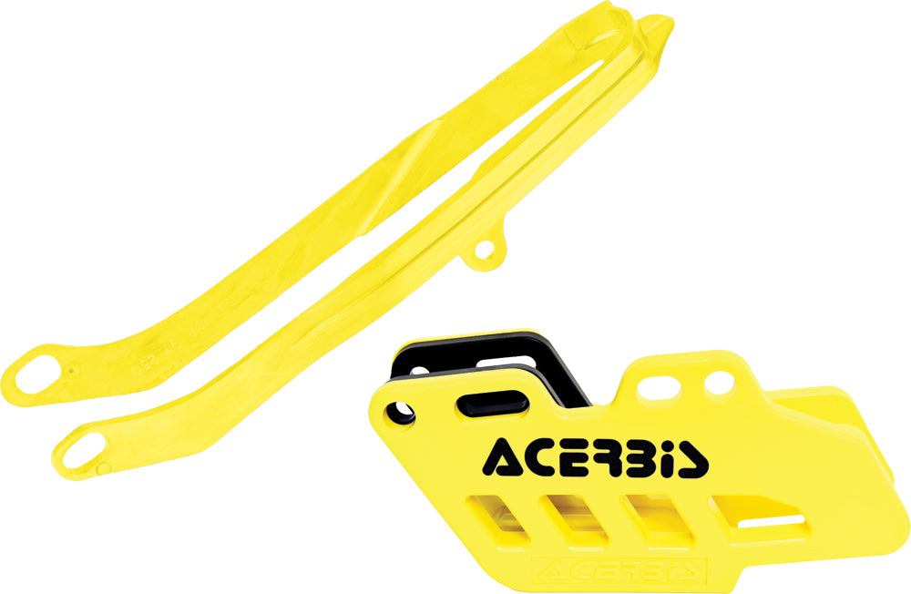 Acerbis yellow chain guide and slider for motorcycles, featuring durable construction and mounting hardware.
