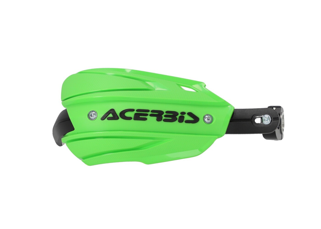 Acerbis Endurance-X handguard in green and black for motorcycle protection, mounted on a bike handlebar.